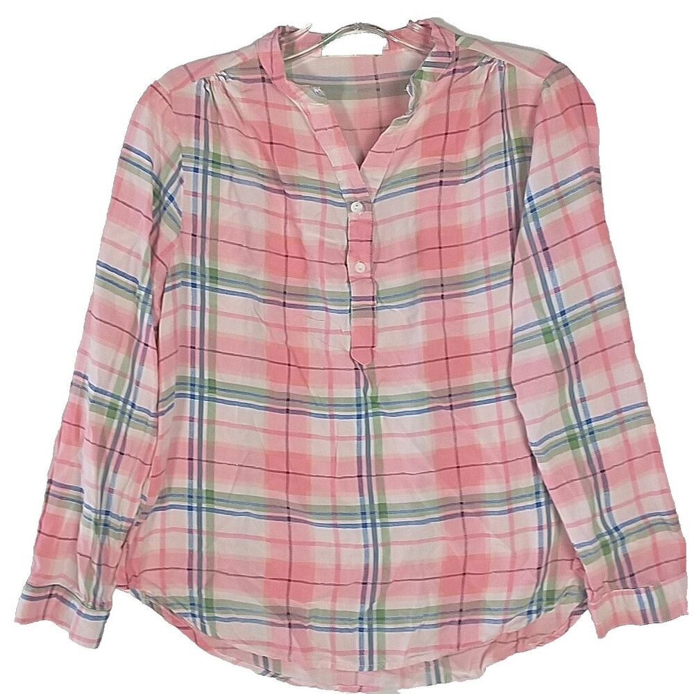 Odri Womens Size L 1/2 Button Down Popover Pink Plaid Shirt Light Fabric